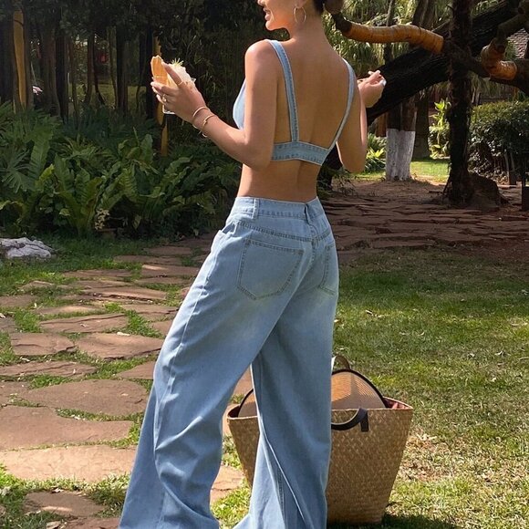 Blue Women's Washed Denim Camisole Top & Wide Leg Pants Casual Vacation Outfit - Picture 2 of 7